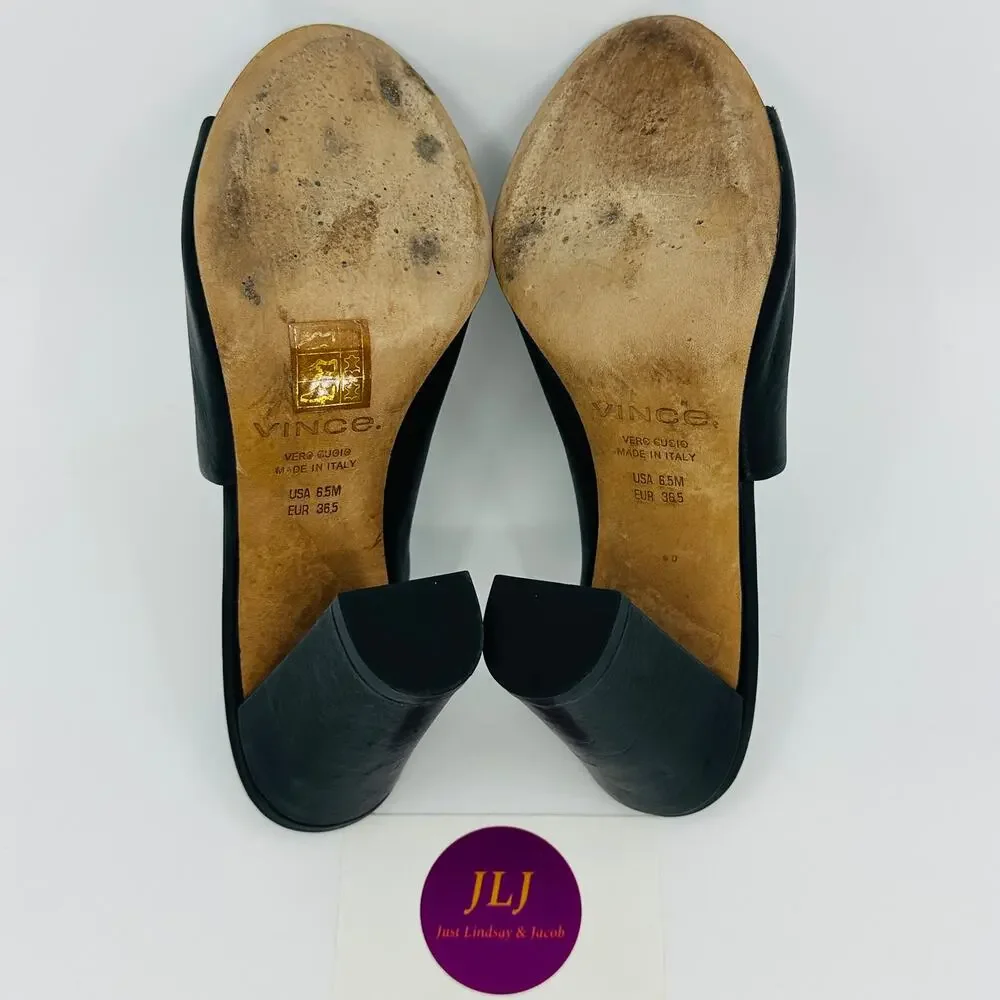 Vince Women's Hanna Black Leather Block-Heel Peep Toe Slip On Mules Size 6.5